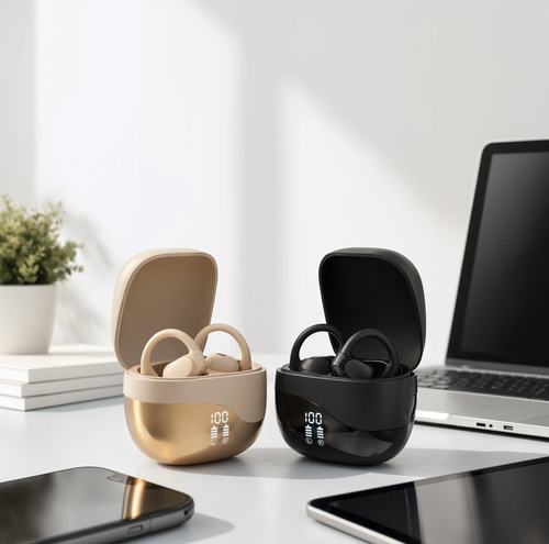 Homyra Sixth in black and skin tone, both charging cases open