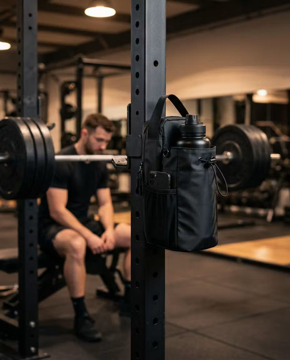 Bolso magnético pegado al rack con botella y celular, con un chico descansando en el fondo del gimnasio