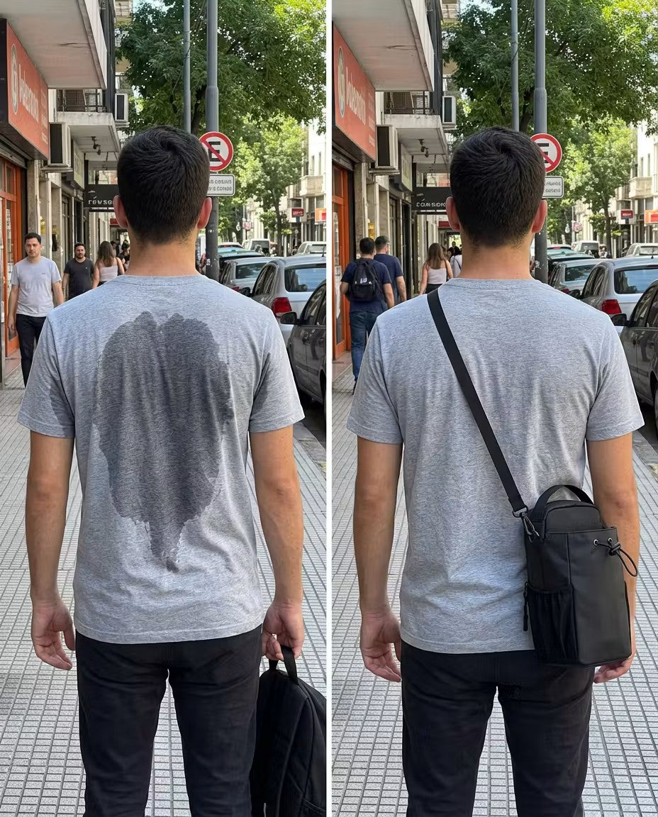 Comparación: con mochila la espalda queda transpirada, con el bolso magnético cruzado la espalda queda seca